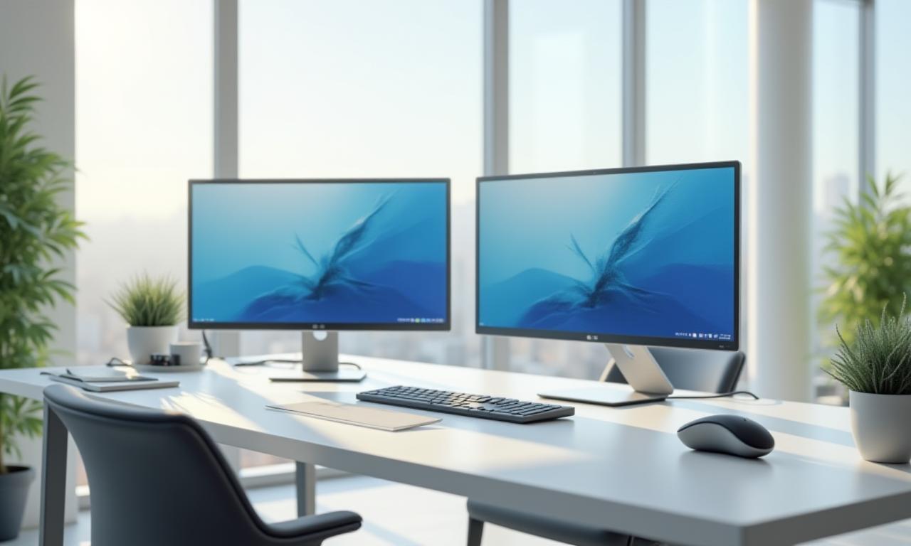 Modern remote office setup with dual monitors and natural light