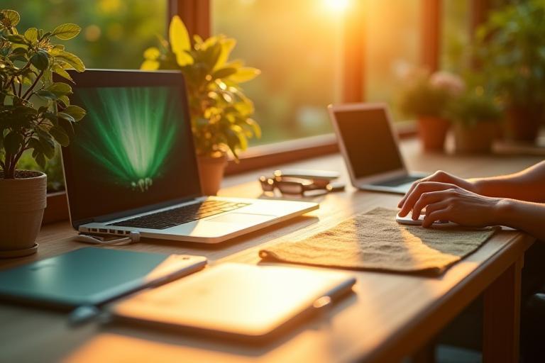 Eco-friendly technology devices on a solar-lit desk